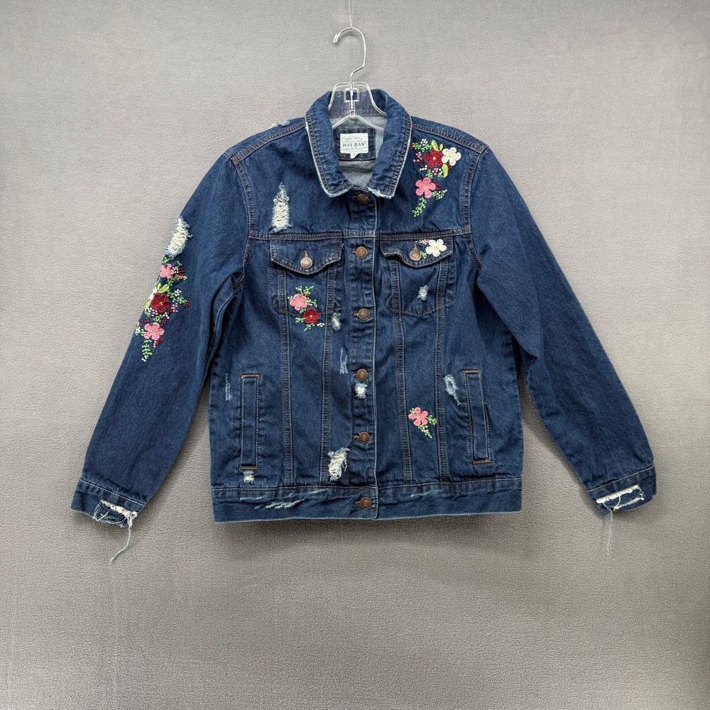 Wax Jean Denim Jacket Women Distressed Floral Embroidered Dark Wash 90106 Small